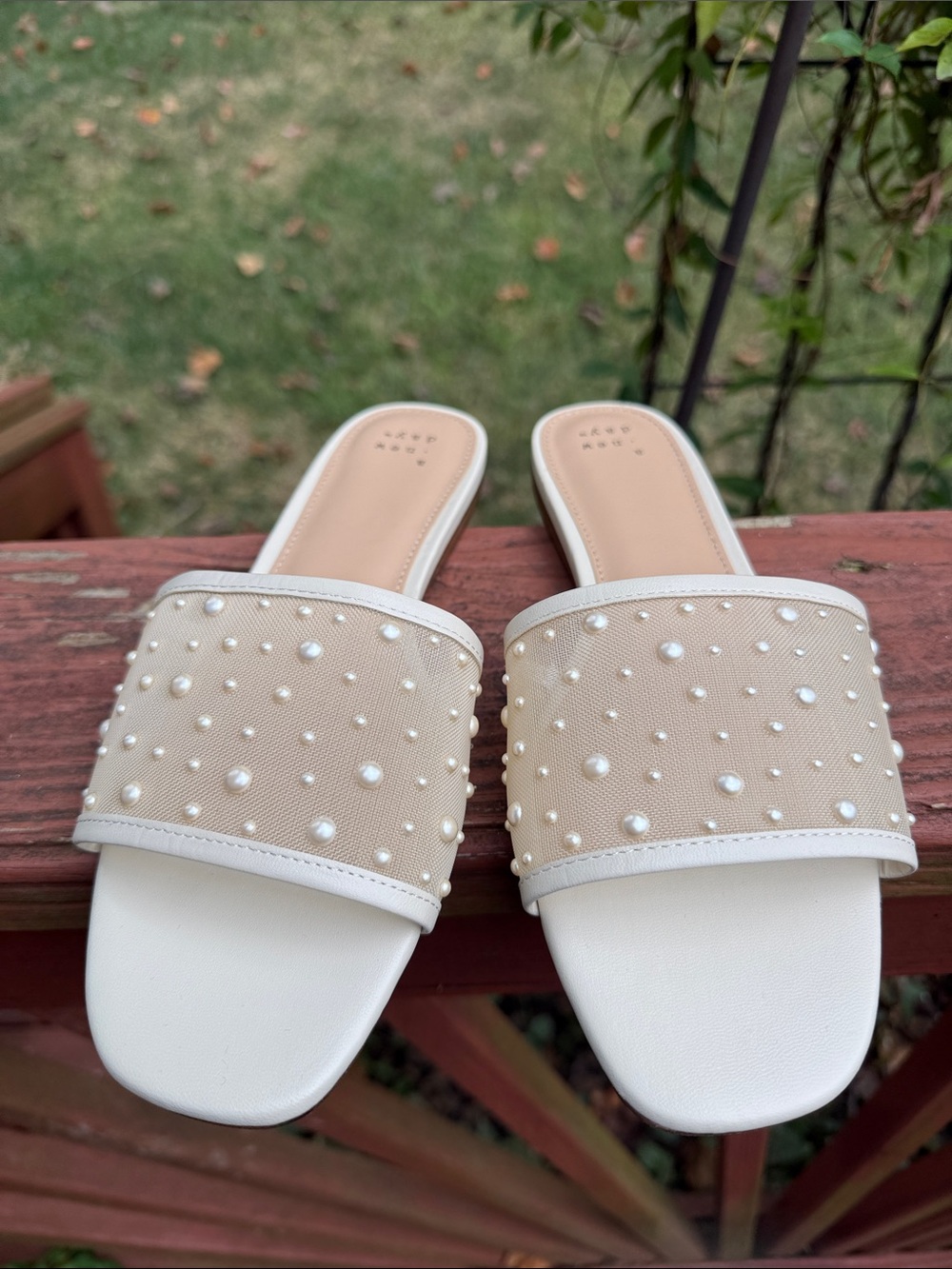 A New Day - Cream/Tan Flat Slides - mesh with pearls - 8
